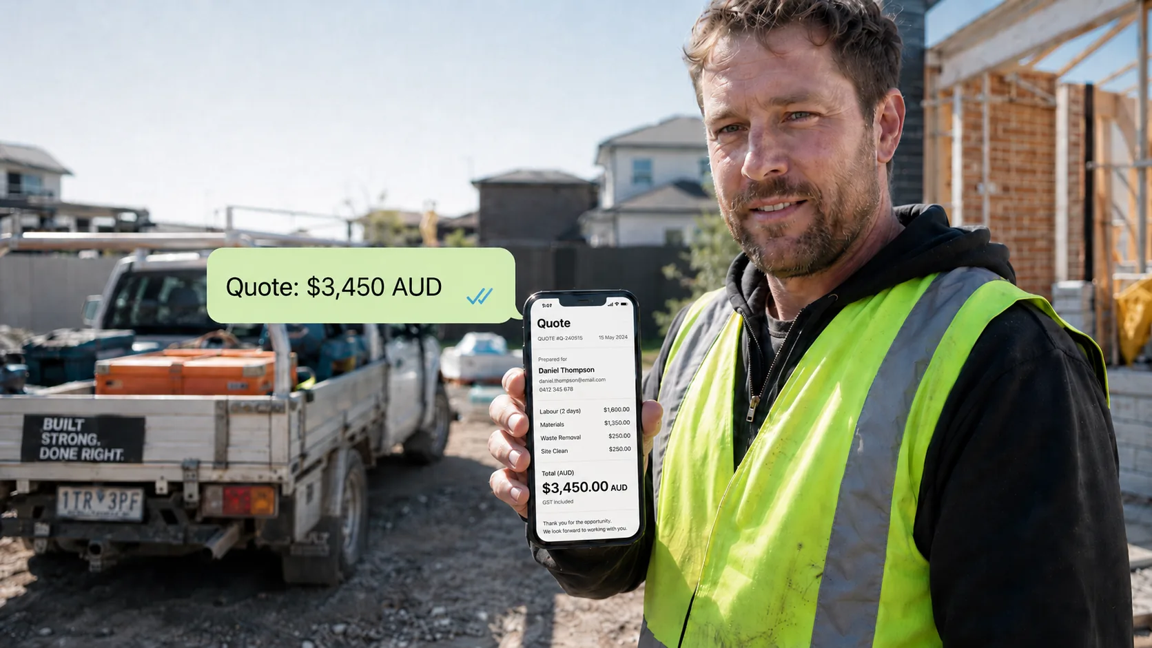 Tradie sending a WhatsApp quote from a worksite